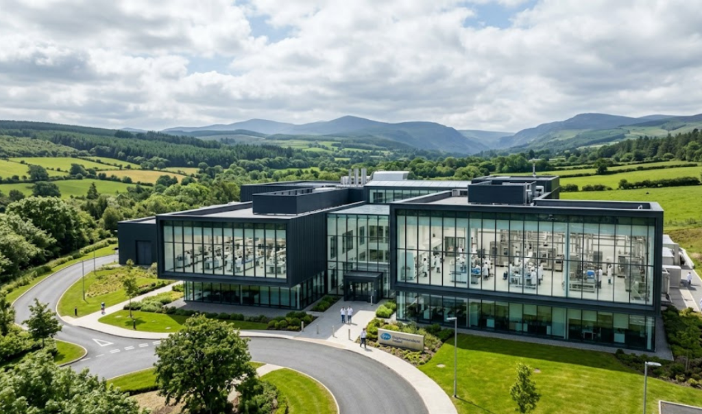 A high-end, wide-angle shot of a modern pharmaceutical manufacturing facility in Ireland. The building features glass and steel architecture with visible lab equipment, set against a backdrop of lush green hills and a clear sky.