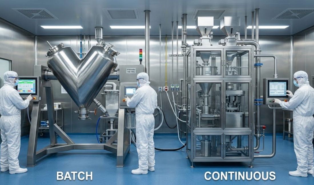 A hyper-realistic 8k side-by-side comparison in a sterile pharmaceutical cleanroom. On the left, a large stainless steel V-blender for batch processing. On the right, a vertical integrated continuous manufacturing line. Technicians in white ISO suits monitor the machinery via digital screens.