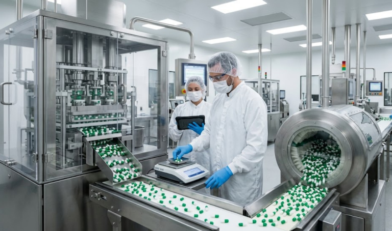 A modern pharmaceutical cleanroom with automated machinery. Green and white small molecule capsules move along a conveyor belt, while two technicians in sterile gowns and masks inspect the product and data.