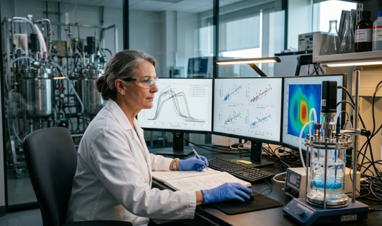 A senior female scientist in a white lab coat, safety glasses, and blue gloves analyzes data on three computer monitors in a modern laboratory, holding a pen over an open notebook next to a bubbling benchtop glass bioreactor with blue liquid.