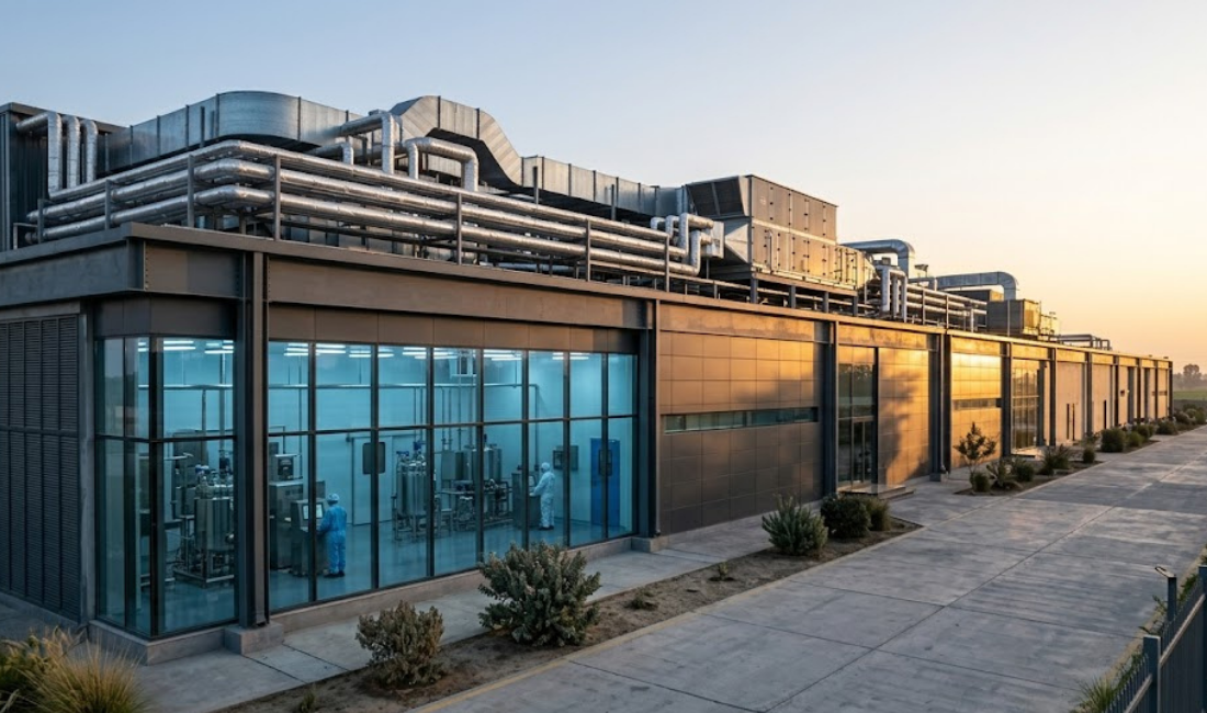 Ultra-realistic wide-angle architectural photo of a modern pharmaceutical CDMO manufacturing facility at sunrise, featuring glass walls revealing a sterile cleanroom with stainless steel equipment and workers in blue suits under industrial lighting.