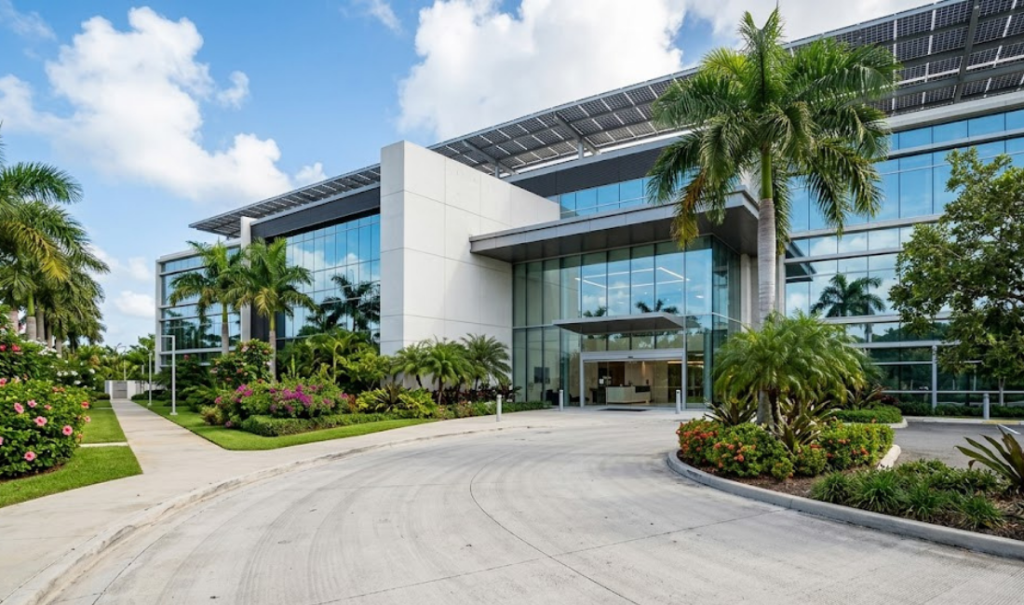 A wide-angle, hyper-realistic photo of the main entrance to a premium pharmaceutical facility in Puerto Rico, showing a modern glass and white concrete building with solar panels on the roof and tropical landscaping with palm trees.