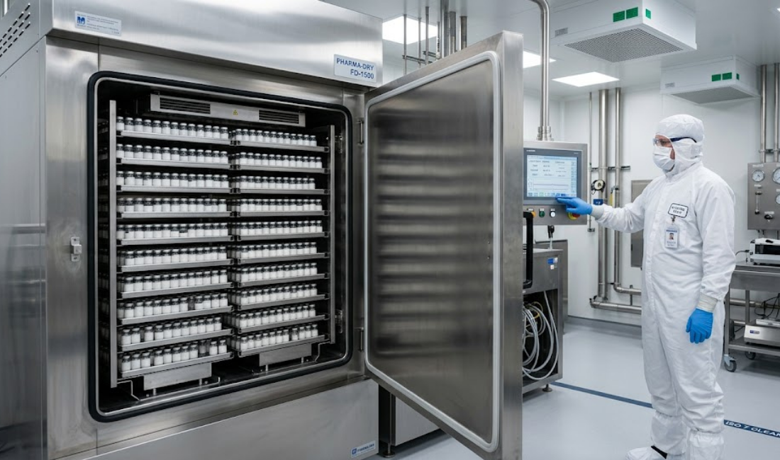 A wide-angle photograph taken inside a sterile cleanroom facility shows a technician in a white hazmat suit and mask standing to the right of a large stainless steel industrial freeze dryer. The dryer door is open, revealing racks of small glass vials. The technician looks at a touchscreen control panel. The room has smooth walls, a tiled floor, and overhead lighting.