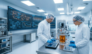 Scientists in lab coats work with benchtop bioreactors and complex data visualizations on a large screen, developing biopharmaceutical processes before commercial manufacturing.