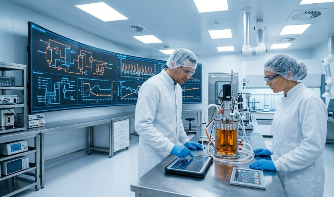 Scientists in lab coats work with benchtop bioreactors and complex data visualizations on a large screen, developing biopharmaceutical processes before commercial manufacturing.