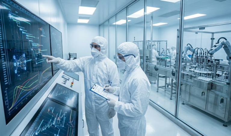 Two technicians in white cleanroom suits and masks stand inside a high-tech facility. One points at data on a large touchscreen monitor, while the other takes notes on a clipboard, showing manufacturing oversight.