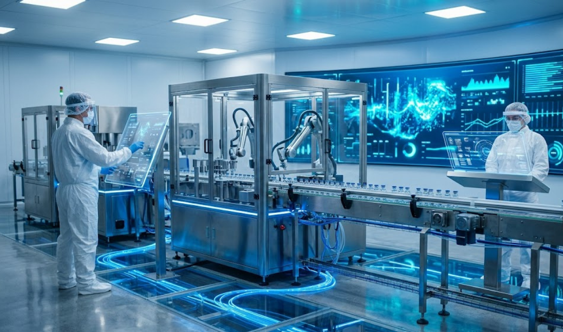 Two technicians in full cleanroom PPE operate an advanced robotic aseptic filling line, monitoring real-time data on futuristic glass interfaces and a large background display, illustrating AI-driven optimization in drug manufacturing.