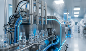 Four clear glass vials move on a conveyor belt within a sterile cleanroom facility. An advanced robotic arm above them has multiple nozzles dispensing a transparent liquid into each vial simultaneously. The machine is made of stainless steel with distinctive blue neon light strips and numerous tubes. In the background, three personnel are fully clad in white sterile protective suits, hoods, masks, and gloves, working at other stations. The environment is pristine, with clean lines and bright square ceiling lights.