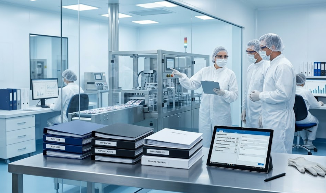 A wide-angle photograph capturing a sterile pharmaceutical manufacturing facility cleanroom with technicians in PPE, a visible production line, digital tablets, and binders, demonstrating audit readiness.