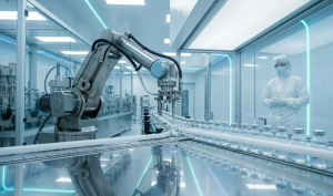 A sophisticated robotic arm precisely fills small glass vials on an automated pharmaceutical production line inside a futuristic, cleanroom manufacturing facility in India.