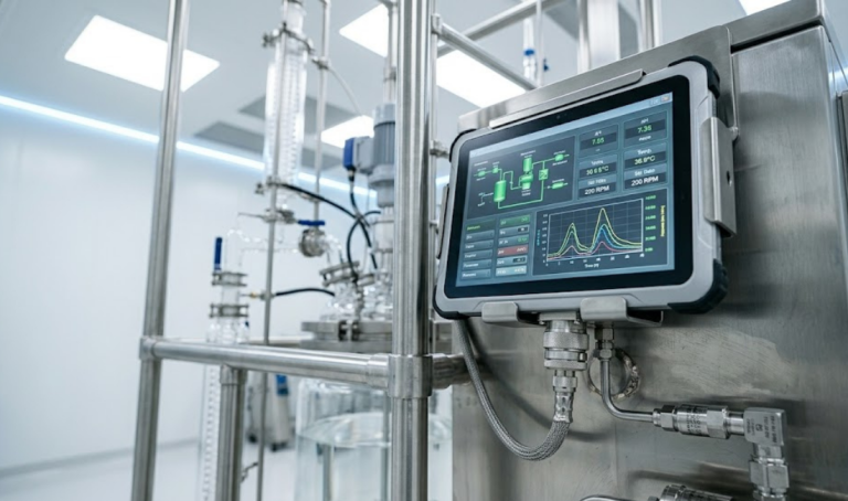 Close-up of complex glass and stainless steel laboratory equipment, including distillation columns and a digital tablet displaying process data, inside a modern cleanroom environment.