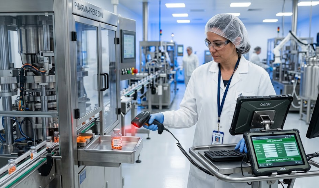 A quality auditor in a lab coat and hairnet uses a handheld scanner and tablet to verify sample data next to a complex pharmaceutical pill-pressing machine.