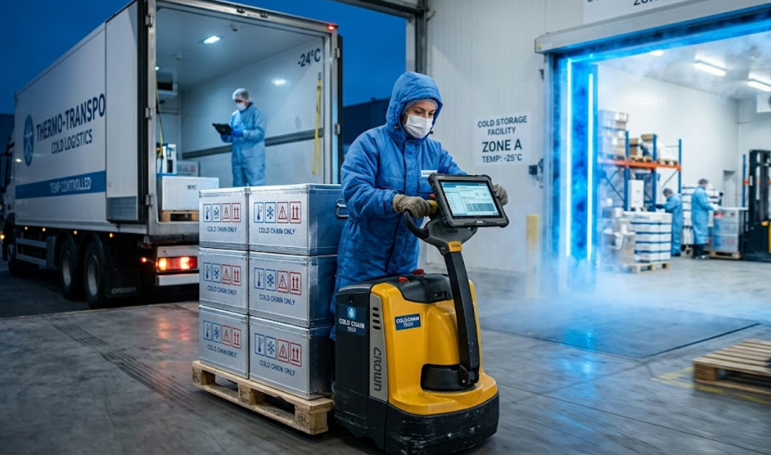 A masked logistics worker in a thermal suit operates a forklift, moving "COLD CHAIN ONLY" boxes from a refrigerated truck into a misty, blue-lit cold storage facility.