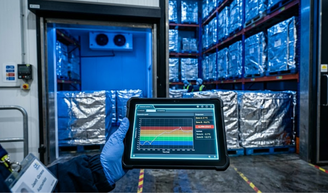 A close-up view from a worker’s perspective in a logistics warehouse. The worker holds a rugged tablet with a bright blue and red data visualization. In the background, there is a large, blue-lit industrial freezer or cold storage unit with many wrapped boxes stacked high on metal shelving.