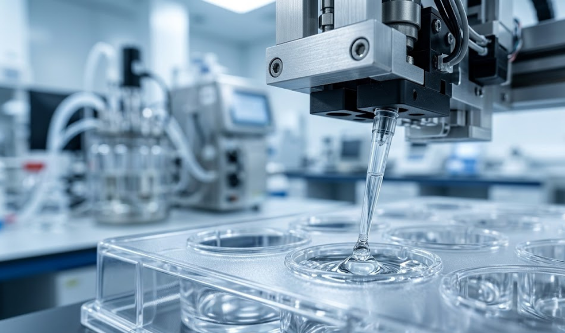Ek robotic pipette tip ka macro shot, jo ek multi-well plate ke ek well mein shaffaf liquid dhaal raha hai. Background mein dhundla laboratory equipment aur bioreactor nazar aa rahe hain. Ye scene modern biologics development mein automated precision ko dikhata hai.