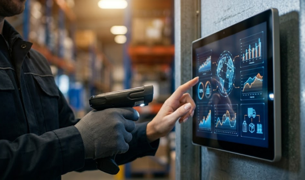 A worker points at a dashboard showing global graphs and a digital earth on a tablet in a warehouse. They are holding a barcode scanner.