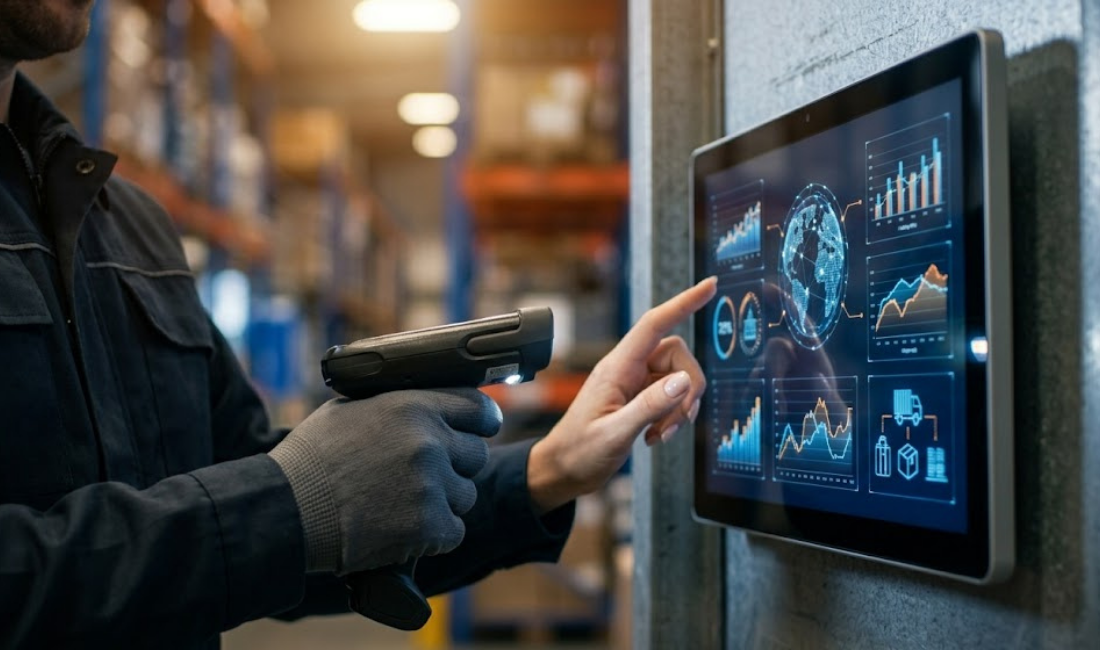 A worker points at a dashboard showing global graphs and a digital earth on a tablet in a warehouse. They are holding a barcode scanner.