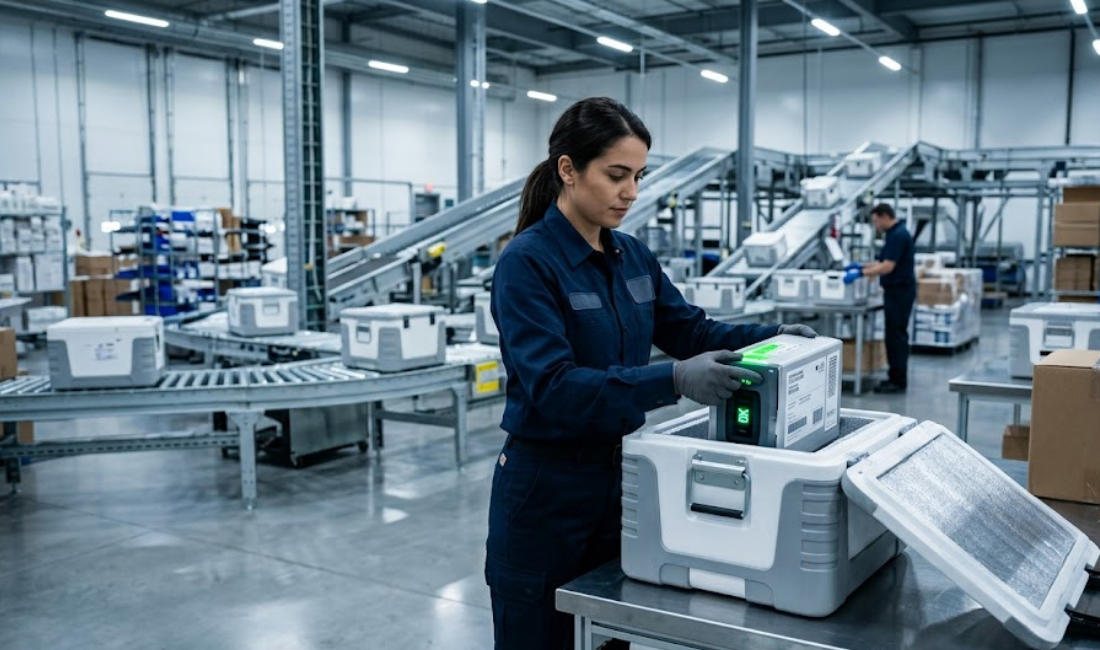A photo of a worker in a warehouse packing a temperature-sensitive clinical trial kit. She is interacting with a high-tech tracking device on the package amidst automated conveyor systems.