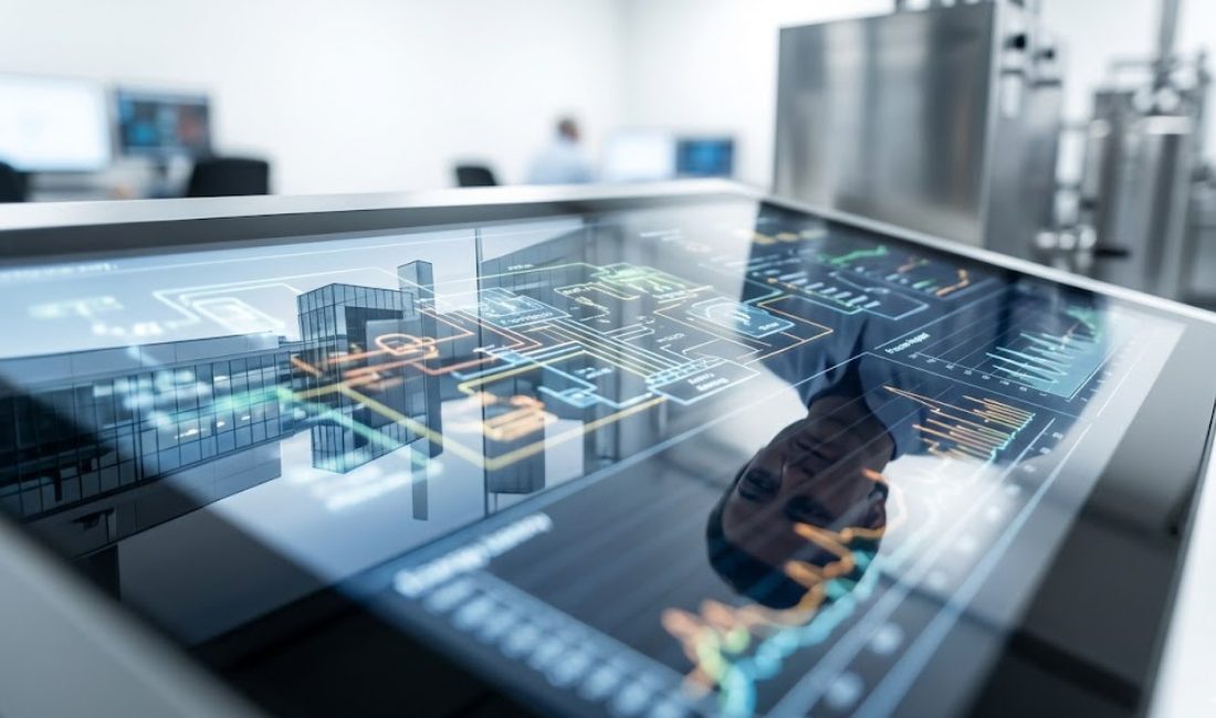 A person in a sterile lab examines an interactive display with complex, colorful process flows and data charts, with a reflection of a modern building.