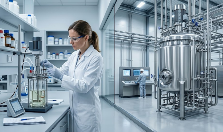 A side-by-side comparison image of a scientist with a small lab reactor in a cleanroom and a large industrial stainless steel bioreactor with complex piping in a plant, illustrating scale-up.