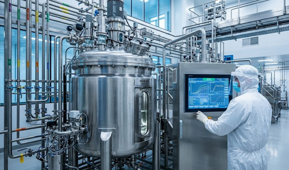 A detailed photograph from inside a sterile pharmaceutical facility shows a large stainless steel bioreactor and a masked operator in a full protective suit interacting with a digital control panel.