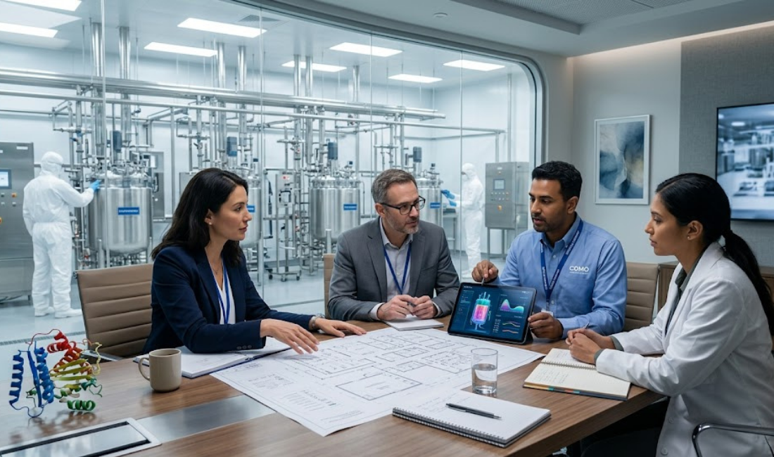 A group of biotech and CDMO experts collaborate around a table, with blueprints and a 3D molecule model, overlooking a busy, glass-walled sterile pharmaceutical manufacturing facility.