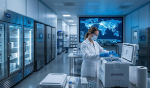 A logistics specialist in a white lab coat and gloves meticulously packs medicine vials into a specialized thermal shipper within a sterile pharmaceutical clinical depot with high-tech refrigerators.