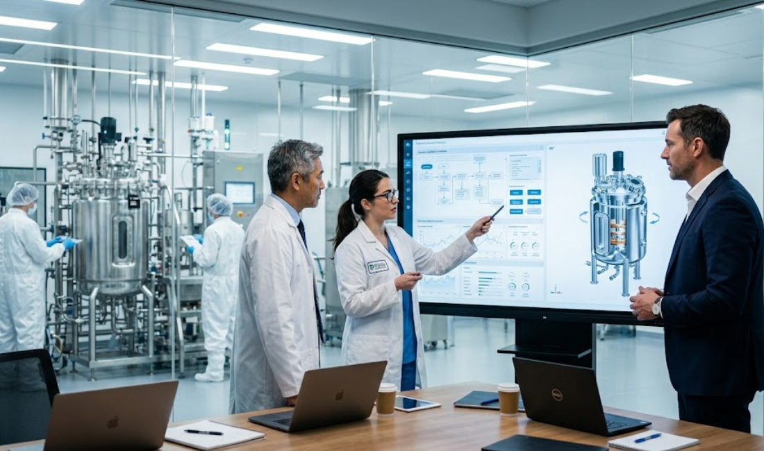 Three professionals—two scientists in white lab coats and a business executive in a suit—discussing a 3D bioreactor model on a large digital touchscreen inside a modern glass-walled office overlooking a high-tech pharmaceutical cleanroom.