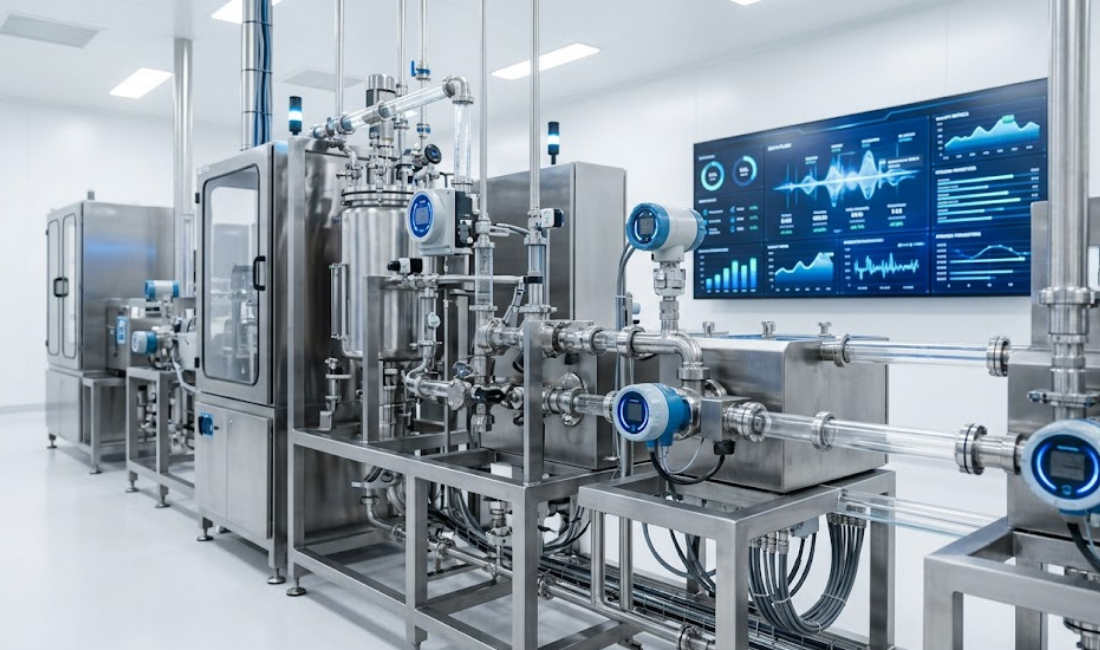 A hyper-realistic photograph inside a sterile, high-tech pharmaceutical manufacturing facility. A continuous production line made of polished stainless steel modules and clear glass tubing extends across the clean room. High-tech sensors with glowing blue LED interfaces are attached to the machinery. In the background, a large digital dashboard screen displays complex real-time data, charts, and quality metrics with glowing blue graphical interfaces. The environment is ultra-clean with bright, professional lighting.