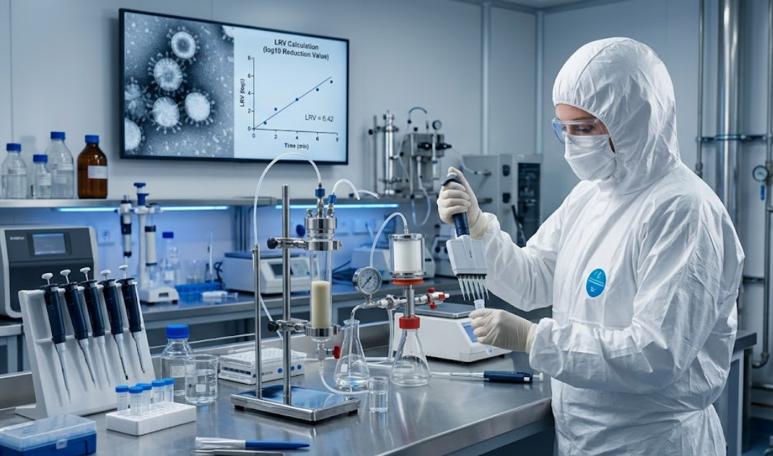 A high-end, realistic photo of a scientist in a full white biohazard suit, goggles, and mask using a multi-channel pipette at a sterile lab bench. In the foreground is a complex small-scale chromatography and filtration setup with glass columns and tubes. In the background, a large screen displays an electron micrograph of virus particles next to a linear graph titled "LRV Calculation (log10 Reduction Value)." The setting is a professional, sterile industrial biopharma laboratory with blue LED lighting.
