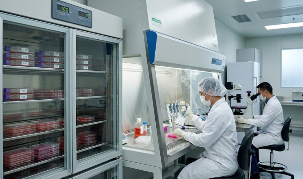 A high-resolution photograph capturing two scientists working in a modern, sterile biomedical research laboratory focused on cell culture.