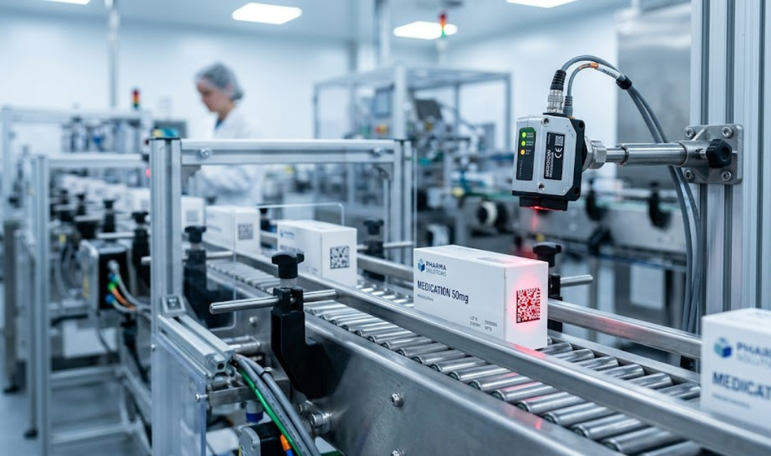 A precision photographic close-up of a high-tech robotic pharmaceutical machine. A sophisticated sensor head, featuring a 2D matrix barcode scanner and a focused red laser light, accurately scans white "Medication 50mg" product boxes on an intricate roller conveyor belt system.