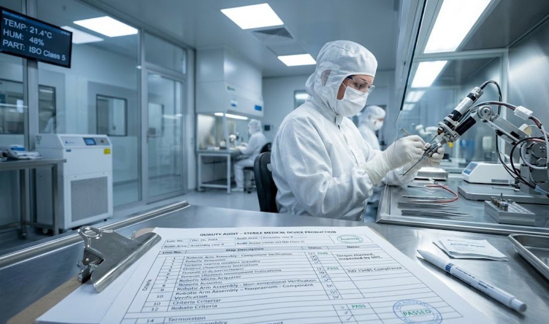 A technician in a full cleanroom suit works on a robotic medical device inside a sterile laboratory, with a detailed quality audit checklist in the foreground.