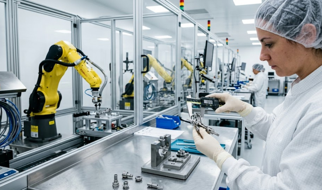 A female technician in a cleanroom suit and gloves uses a digital caliper to inspect a small metal surgical component on a stainless steel workbench, with yellow robotic arms in the background.