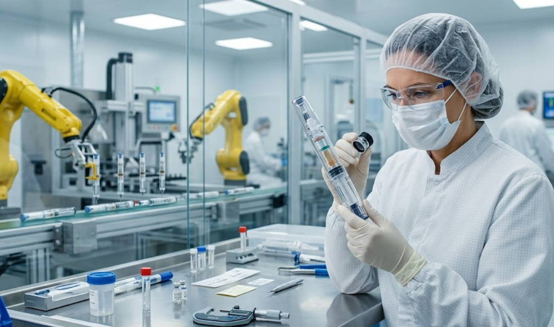 A sterile lab where a gloved and masked worker inspects a clear medical device. Background: industrial robots on an assembly line. Foreground: tools and vials.