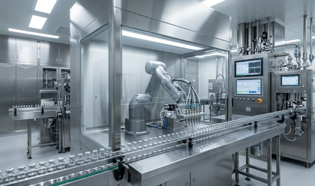 Wide-angle shot of a high-tech pharmaceutical cleanroom featuring a robotic arm precisely filling glass vials on a stainless steel assembly line under bright, sterile clinical lighting.