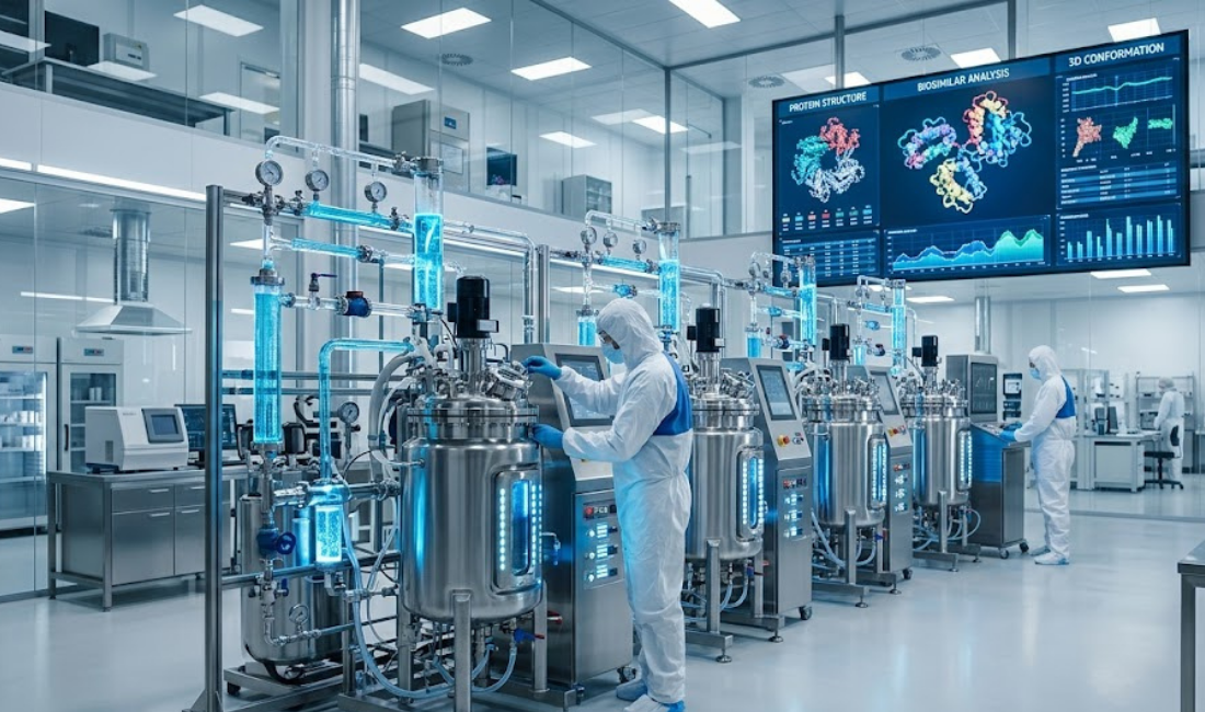A wide shot of a modern, cleanroom-style pharmaceutical laboratory. Two researchers in white hazmat suits and masks stand before a long row of large stainless steel bioreactors connected by glass tubes glowing with bright blue light. A huge wall screen displays graphs and 3D molecular protein structures.