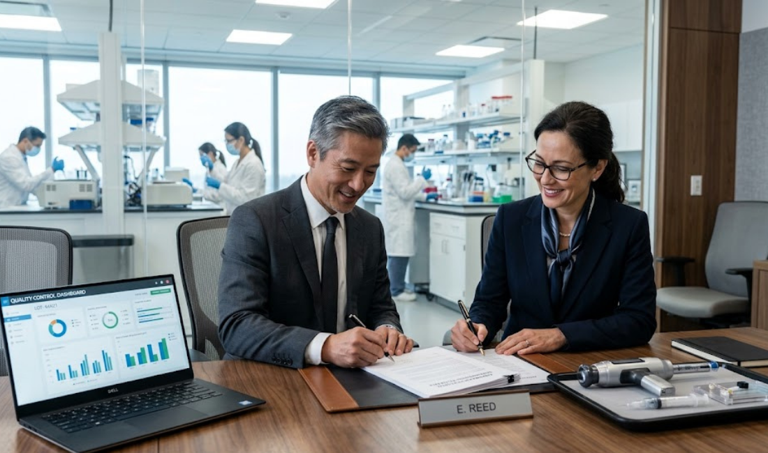 Ek boardroom mein suit aur blazer pehne do executives desk par baithe hain aur ek document sign kar rahe hain. Unke paas ek laptop aur medical device rakhe hain aur peeche ek lab nazar aa rahi hai.