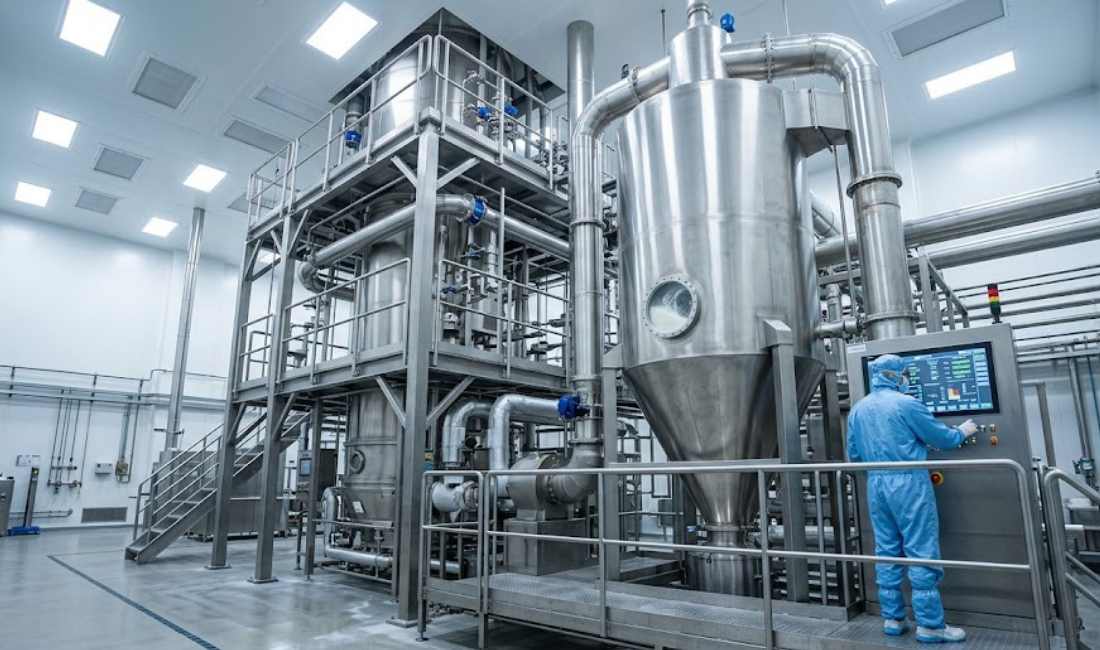A hyper-realistic, professional wide-angle photograph capturing a large-scale stainless steel industrial spray dryer rising three stories within a pristine Grade C pharmaceutical cleanroom. A technician in a blue protective suit is shown monitoring the large digital control panel.
