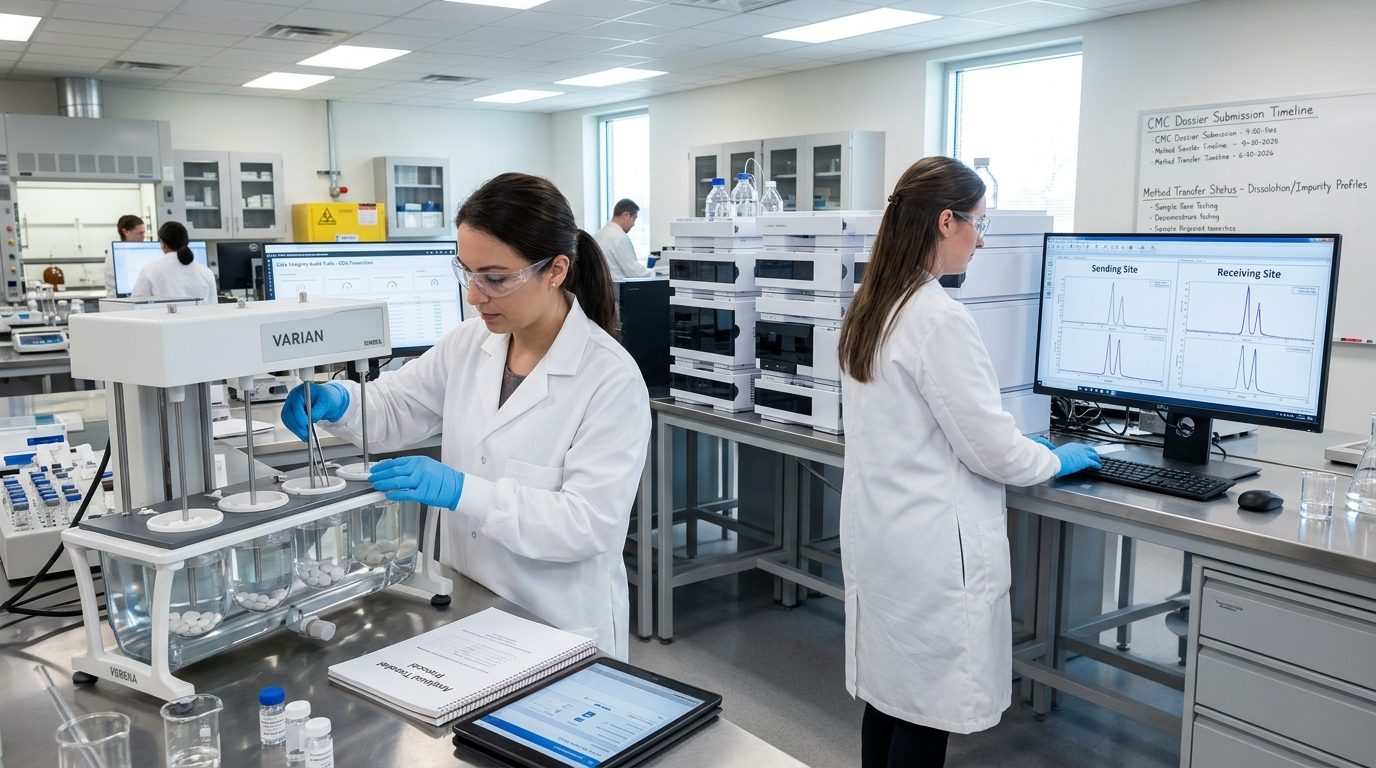 Two female pharmaceutical scientists in white lab coats, safety glasses, and blue nitrile gloves conducting dissolution testing and data analysis at a laboratory workstation comparing chromatogram data between a sending site and a receiving site.