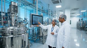 An Indian female pharmaceutical engineer pointing at a digital touchscreen monitor while consulting with a senior male executive in white lab coats, safety goggles, and hairnets inside a sterile pharmaceutical manufacturing facility in India.