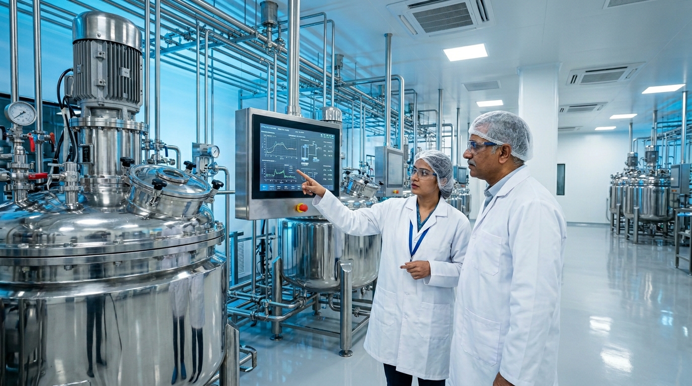An Indian female pharmaceutical engineer pointing at a digital touchscreen monitor while consulting with a senior male executive in white lab coats, safety goggles, and hairnets inside a sterile pharmaceutical manufacturing facility in India.