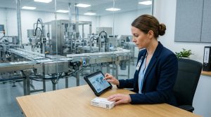 A female pharmaceutical manager sitting at a desk, verifying logistics data on a tablet while reviewing a medicine package. In the background, a cleanroom blister packaging machine operates behind a glass partition.