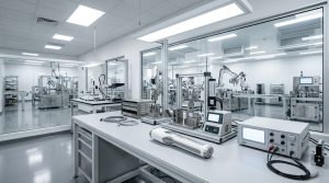A professional medical technology testing workstation featuring an auto-injector drug delivery device, calibration equipment, and diagnostic monitors on a clean white desk overlooking an automated robotic cleanroom assembly suite.