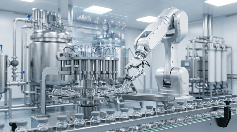 A futuristic pharmaceutical cleanroom with a central robotic arm filling small vials on a conveyor belt. Glass panels reveal large stainless steel bioreactors and advanced research screens, all bathed in cool blue light.