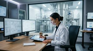 A female pharmaceutical quality assurance specialist wearing a white lab coat and a clear protective face shield sitting at a desk and using a stylus on a tablet to verify thermodynamic and fluid velocity data logs next to dual widescreen monitors monitoring a large spray drying tower facility.