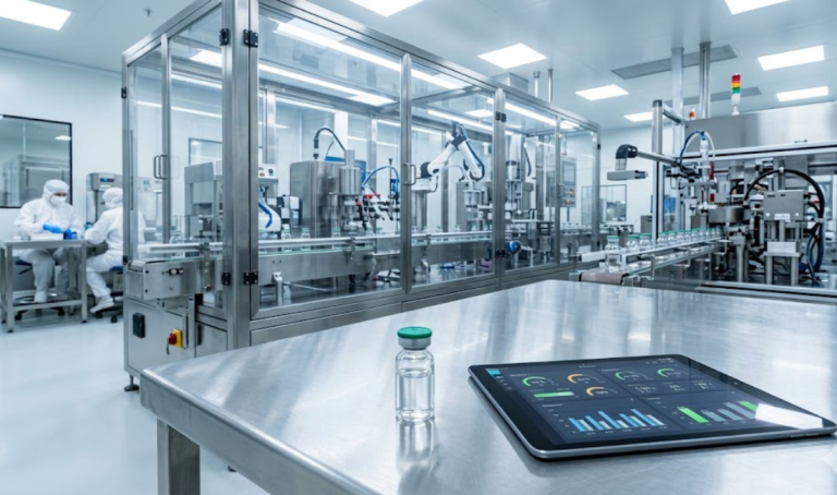 A medical vial and a tablet with charts sit on a sterile steel surface in a futuristic pharmaceutical lab. In the back, robot arms automate medicine production.