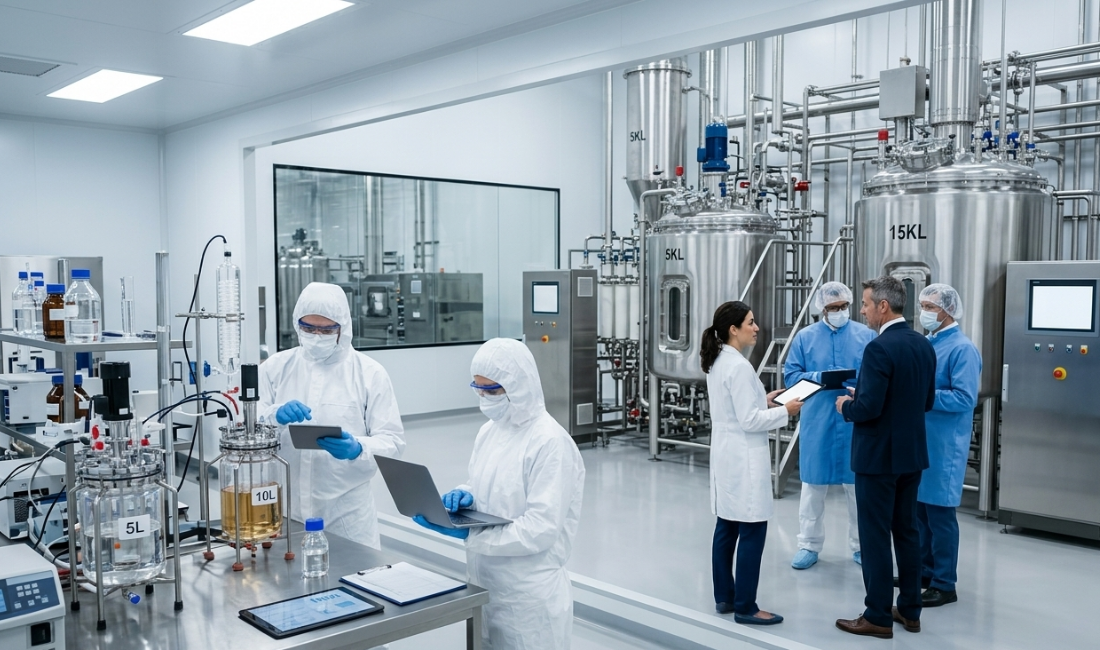 A pharmaceutical technology transfer facility with scientists in sterile white suits managing small-scale R&D glass bioreactors in the foreground, while a corporate executive and engineers discuss production scaling next to massive commercial-scale stainless steel bioreactors in the background.