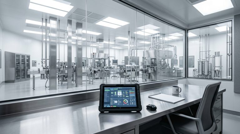 Pharmaceutical cleanroom command center with a ruggedized MES tablet overlooking an automated biological filling line through a glass observation wall.