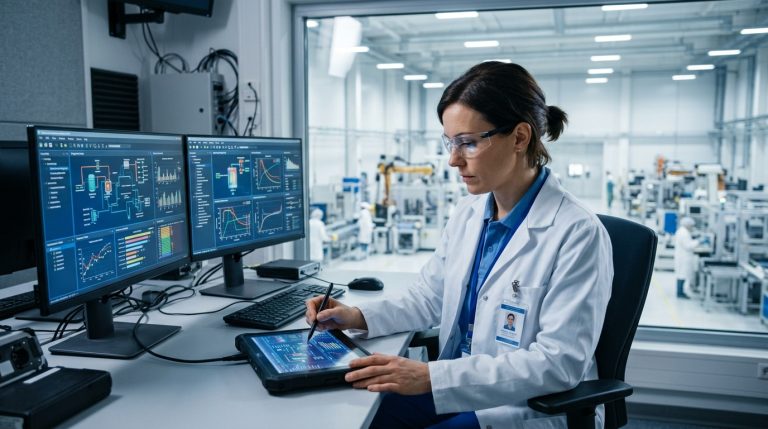 A female pharmaceutical process specialist wearing a white lab coat and safety glasses sitting at a desk and using a stylus on a tablet console to verify data logs next to twin monitors displaying technical process charts in front of a glass viewing window looking into an active manufacturing cleanroom floor.